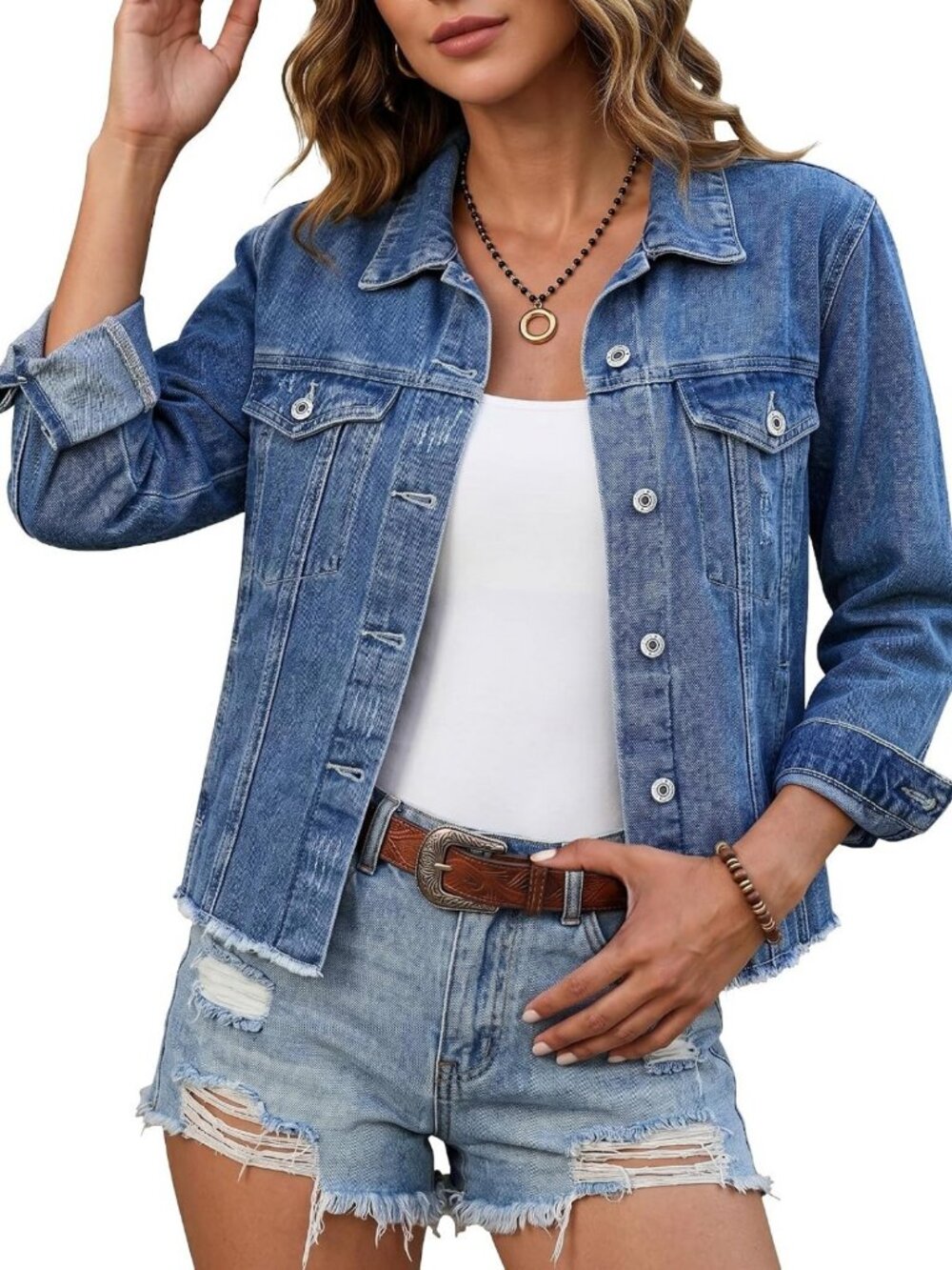 Vintage Distressed Denim Jacket for Women | Button-Up Trucker Style with Pockets